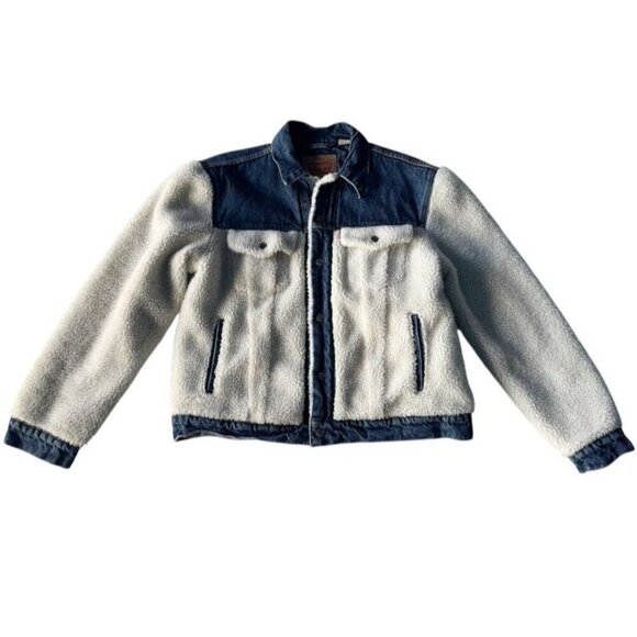 Levi’s Women's Sz L Pieced Sherpa Ex-Boyfriend Blue Trucker Jacket - Picture 15 of 15
